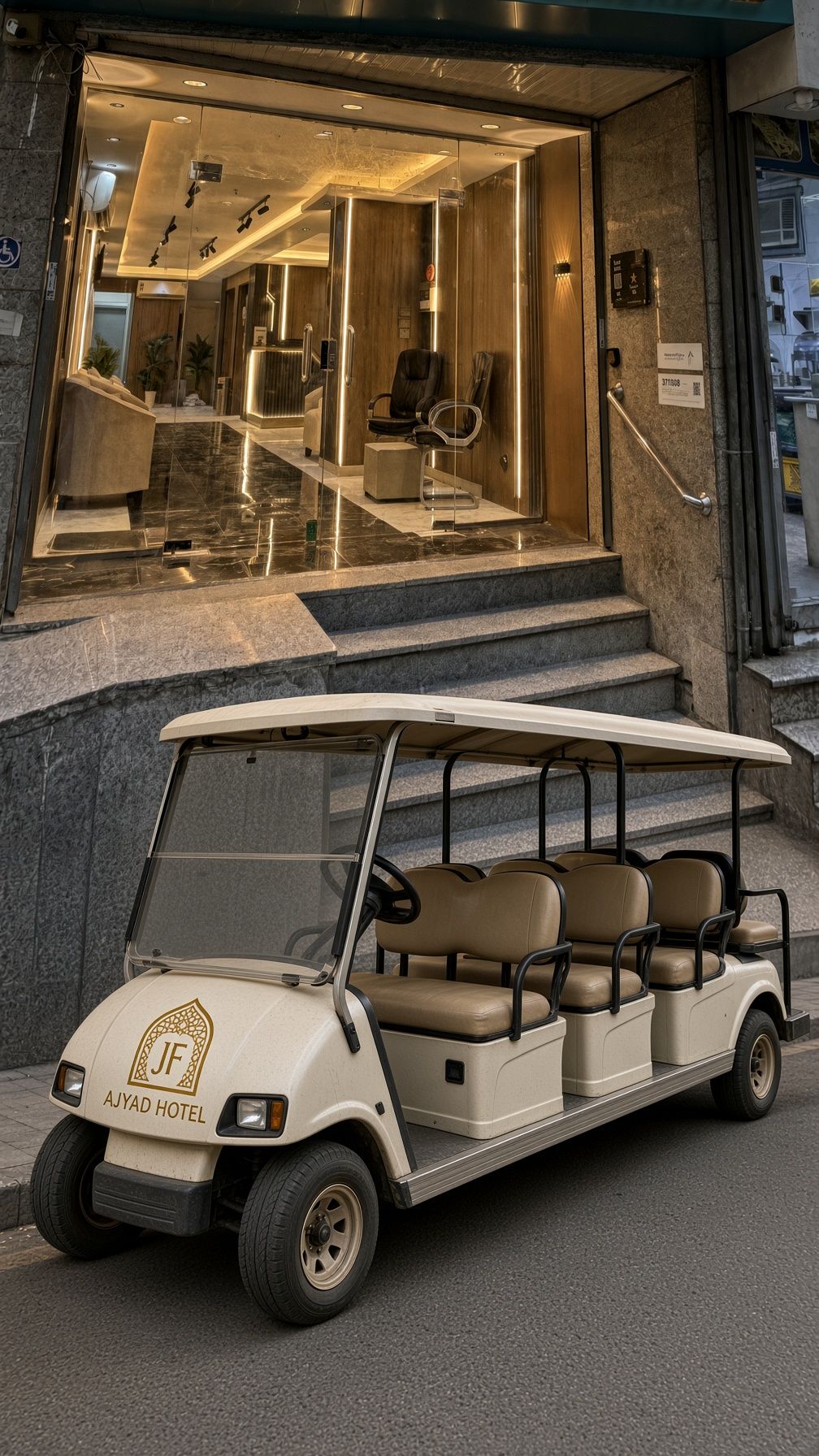 The JF AJYAD HOTEL golf car outside the hotel entrance